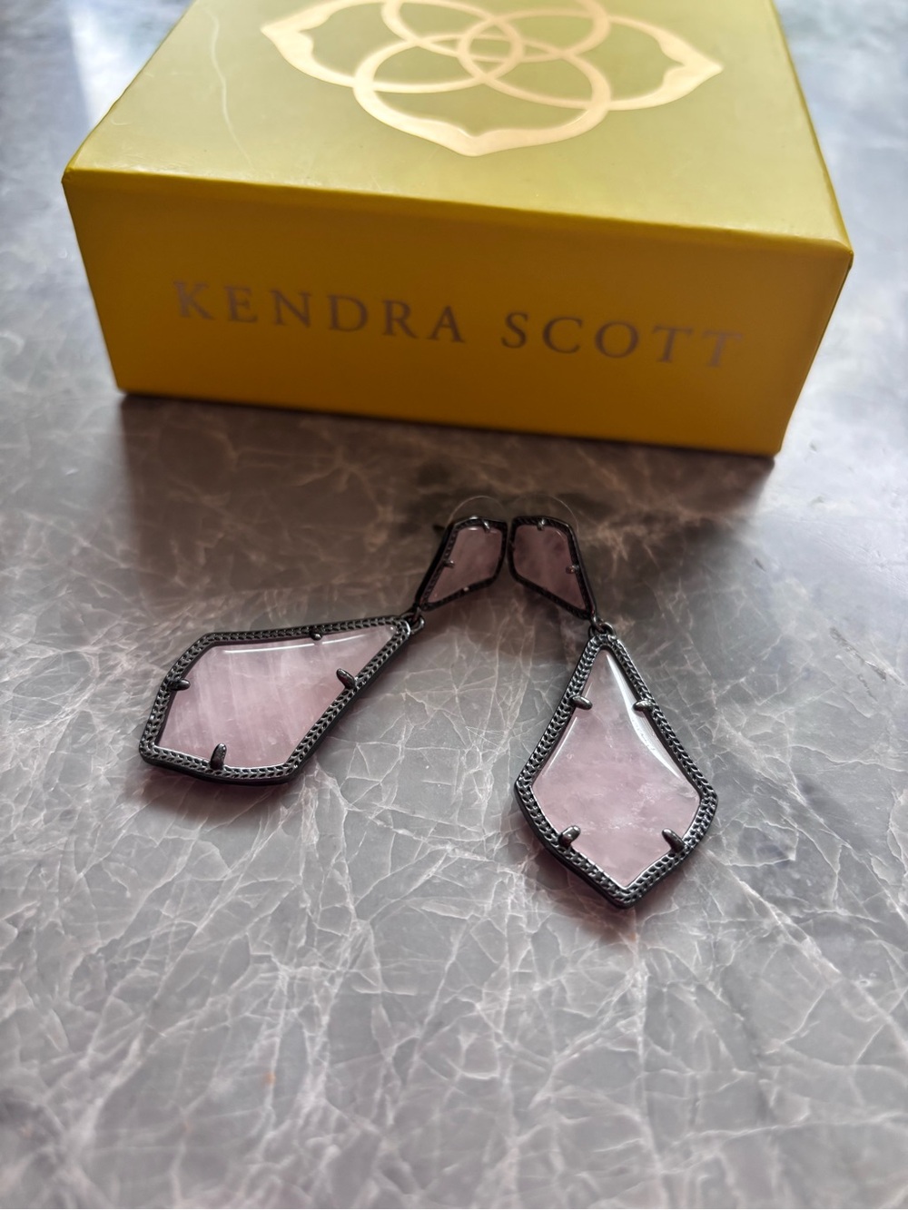 Kendra Scott Alex Drop Earrings- Rose Quartz and Gunmetal